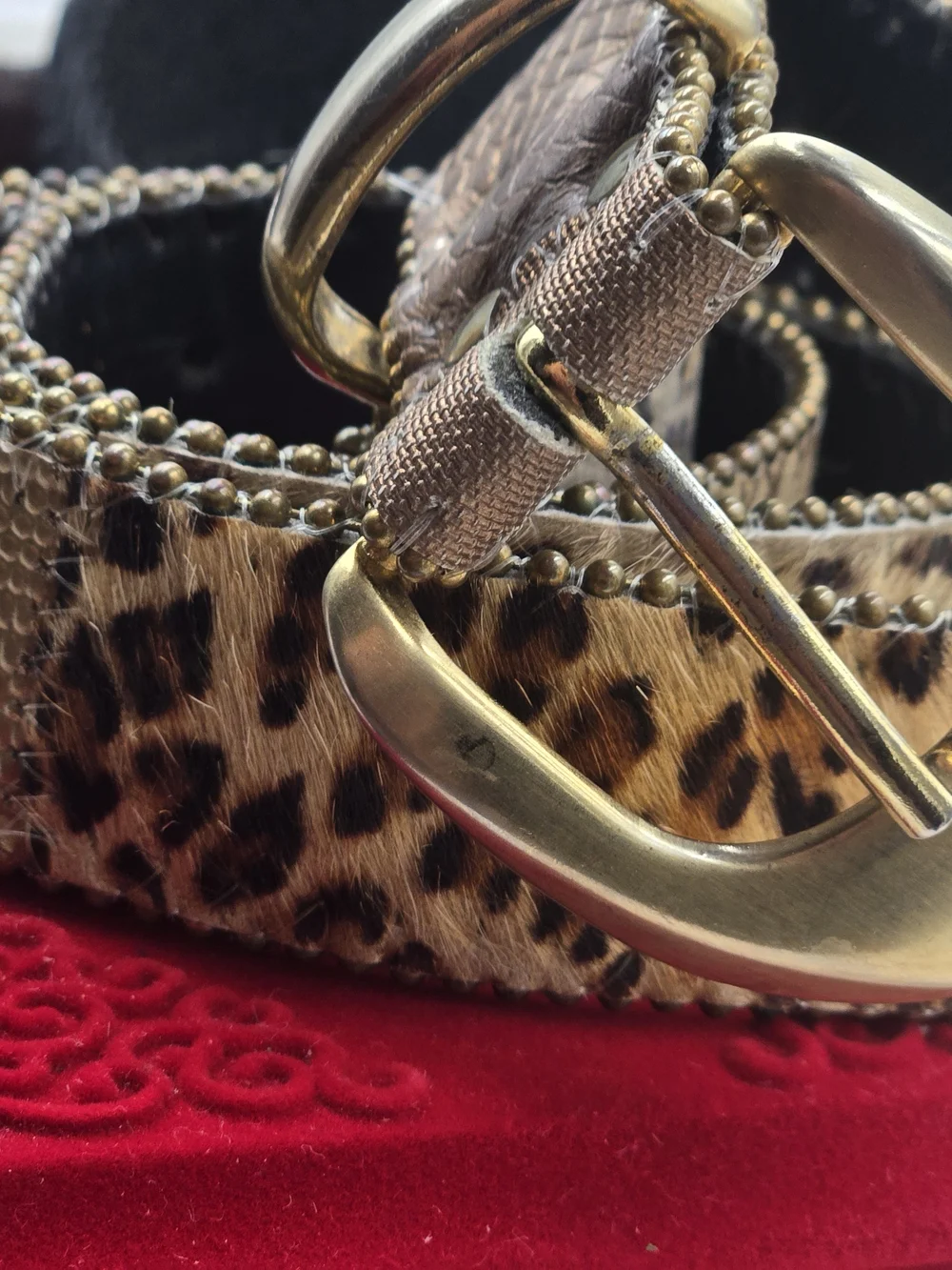 Wide Metallic Bronze Belt with Leopard Accent and Gold Buckle